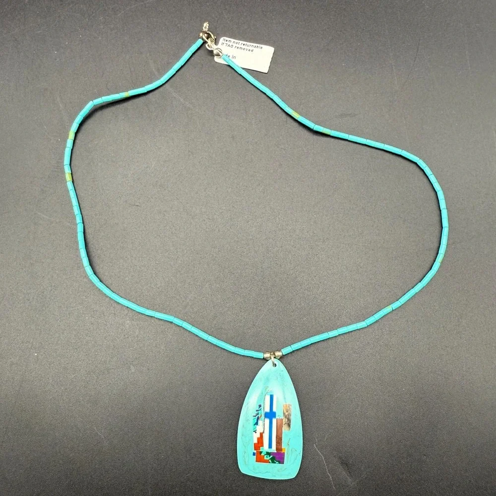 Handcrafted Turquoise Heishi Bead Necklace w/ Inlay Pendant 16